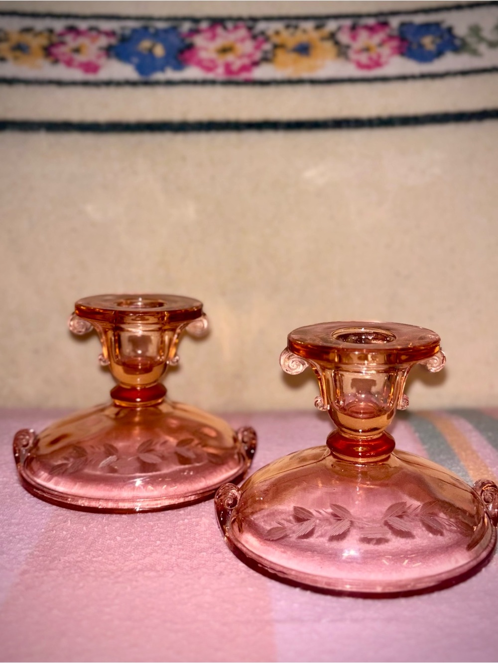 Vtg 1920s Imperial Glass #715 x2 Scroll Pink Depression Candlestick Holders